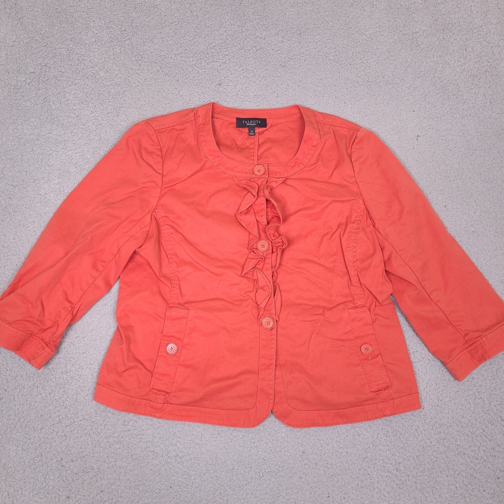 Talbots Jacket Size 14 Orange 3/4 Length Sleeve Ruffle Blazer Cotton Stretch